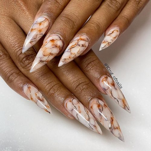 Stiletto White Marble Nails